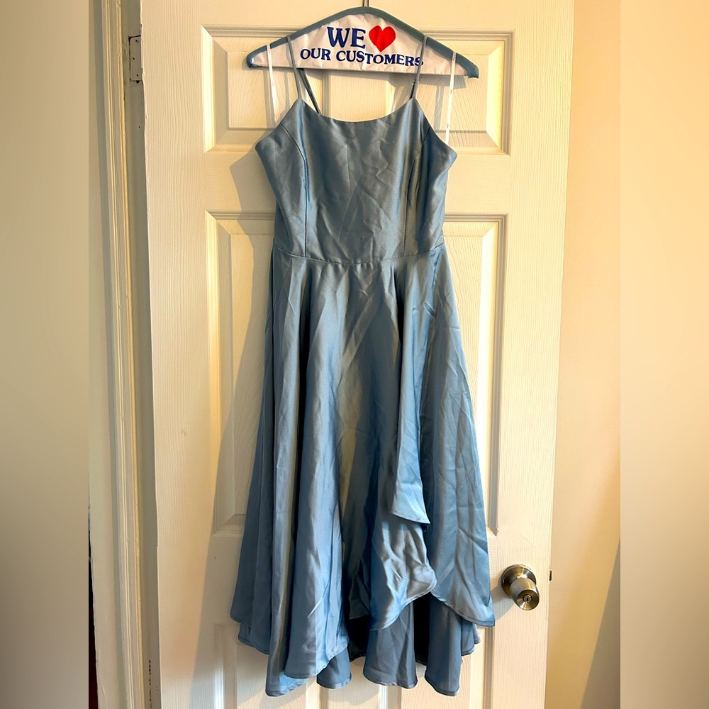 NEVER WORN- Lulu’s- Days Like Today Blue Satin Asymmetrical Tie-Back Midi Dress